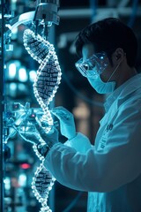 Wall Mural - A scientist in a lab coat and face mask examines a DNA model, representing scientific research and genetic engineering.