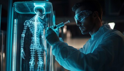 Wall Mural - A scientist in a lab coat and goggles examines a glowing holographic human skeleton.