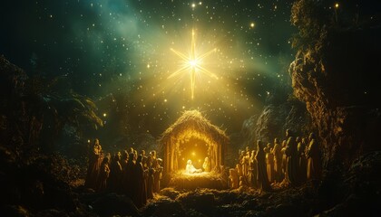 Poster - A shining star illuminates a nativity scene with figures gathered around a manger, symbolizing the birth of Jesus.