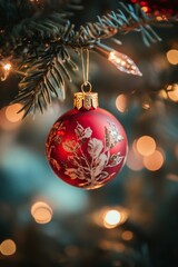 Sticker - A single red Christmas ornament with white floral design hangs from a Christmas tree branch with twinkling lights in the background.