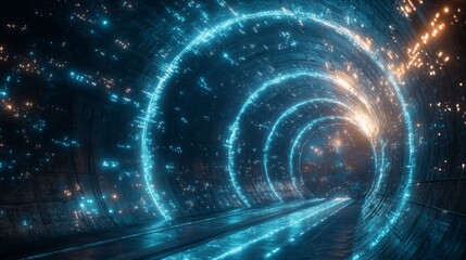 Futuristic Tunnel with Glowing Blue Lights and Orange Sparkles