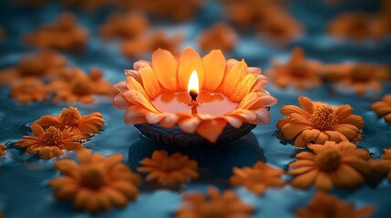 Poster - Simple yet elegant depiction of the Diwali festival with a single glowing diya surrounded by scattered marigold petals on a soft background symbolizing warmth and togetherness