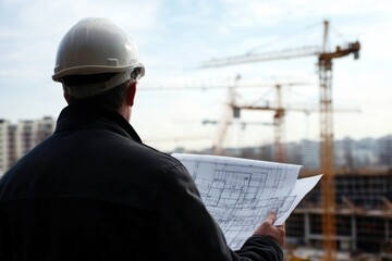 An architect seen from behind, overlooking a construction site while holding a detailed blueprint, with cranes and unfinished buildings in the distance