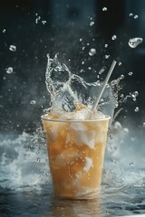 Wall Mural - Iced Coffee with Straw and Ice Cubes