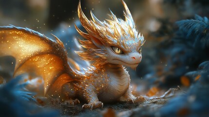 Poster - Small dragon with an angry face porcupinelike thorns on its back baring its fangs Its golden wings glow with light particles set in a mystical fairytale forest with navy blue trees