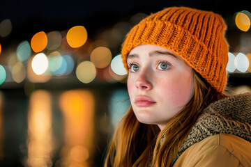 Portrait of a young girl wearing an orange beanie, amidst city lights at night, expressing a reflective mood.