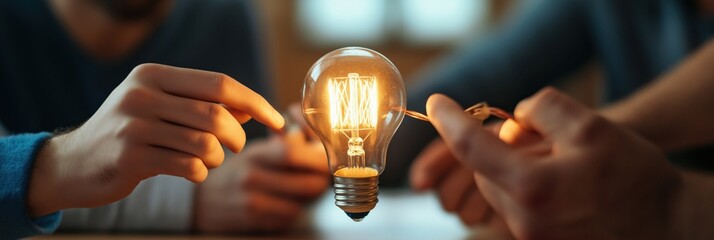 Two hands holding an illuminated light bulb, representing creativity, innovation, and shared ideas in a warm setting, suggesting teamwork and collaboration.