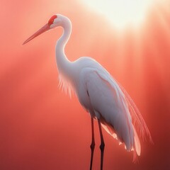 Poster - A stunning white crane stands elegantly against a soft orange background. The light creates a dreamy, serene atmosphere.