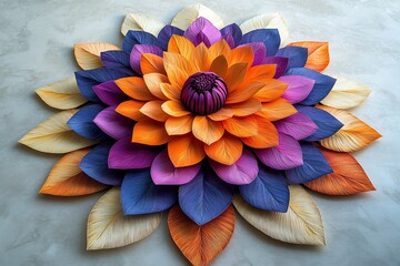 Poster - Stunning Diwali Rangoli made with papercut flowers delicate patterns with deep hues of purple pink and yellow The design is placed on a soft white surface showcasing a traditional yet modern touch