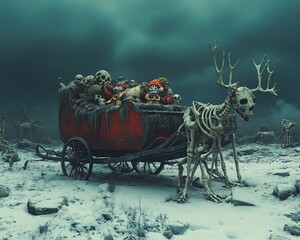 Canvas Print - A skeletal reindeer pulls a dilapidated sleigh filled with skulls and bones through a desolate snowy landscape.