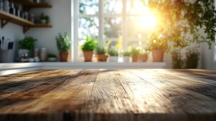 Poster - A wooden table with a view of a window and potted plants