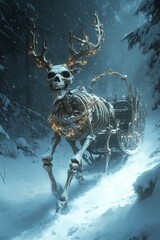 Sticker - A skeletal reindeer pulls a sleigh through a snowy forest.