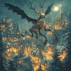 Sticker - A skeletal, winged creature with antlers flies over a snow-covered town at night.