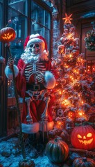 Canvas Print - A skeleton dressed as Santa Claus stands by a Christmas tree decorated with pumpkins.