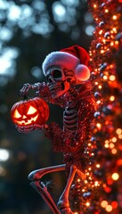 Poster - A skeleton in a Santa hat holds a jack-o-lantern, standing next to a Christmas tree with twinkling lights.