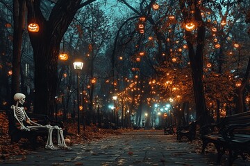 Wall Mural - A skeleton sits on a park bench amidst glowing jack-o-lanterns hanging from trees in a foggy Halloween night.