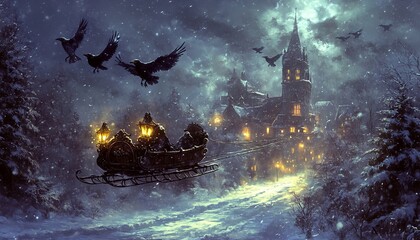 Poster - A sleigh pulled by two horses flies through a snowy night, past a village with a church tower and ravens flying overhead.