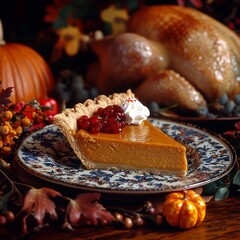 Wall Mural - A slice of pumpkin pie topped with whipped cream and cranberries, with a roasted turkey and pumpkin in the background.