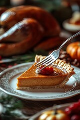 Canvas Print - A slice of pumpkin pie with a fork on a white plate at a Thanksgiving dinner table.