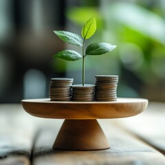 Sticker - A small green plant sprouts from a stack of coins on a wooden pedestal.