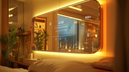 Sticker - A smart mirror in a modern bathroom, displaying the time and other information.