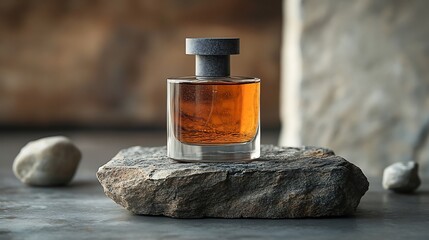 Poster - Trending luxury fragrance bottle on a backdrop of smooth and rough stone Natural textures complement the modern minimalist bottle design presenting an aesthetic of sophistication and simplicity