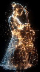 Poster - Transparent threedimensional ghostly woman plays a detailed wooden cello Her dress forms into musical staff lines glowing in contrast to the dark space around her music flowing visually