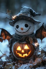 Poster - A snowman with a pumpkin head, a witch hat, and bat wings stands in the snow.