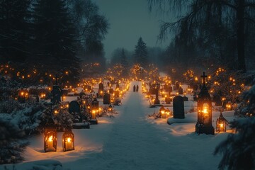 Poster - A snowy cemetery with candles lit at dusk, a couple walking down the path.