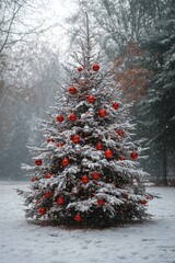 Wall Mural - A snowy Christmas tree adorned with red ornaments and lights in a wintery forest.