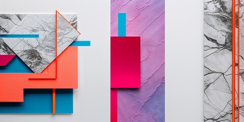 Wall Mural - Abstract geometric pattern with pink, blue, and orange colors on white background.