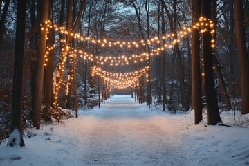 Poster - A snowy forest path illuminated by string lights at dusk.