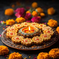 Fototapete - Vibrant arrangement of traditional Diwali sweets on a decorative plate accompanied by a glowing diya and fresh marigold flowers creating a festive and colorful atmosphere