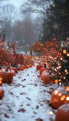 Canvas Print - A snowy path lined with pumpkins and twinkling lights.