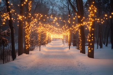 Wall Mural - A snowy path lined with twinkling lights in a winter forest.