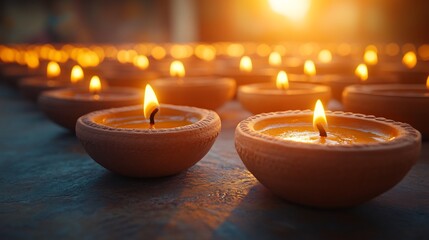 Poster - Vibrant array of clay diya lamps glowing with warm light placed on a minimalist background in soft hues capturing the elegance of Diwali with clean lines and balanced composition