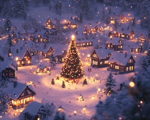 Canvas Print - A snowy village with a giant lit Christmas tree in the center.