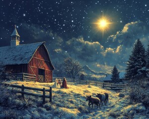 Poster - A snowy winter night with a bright star, a barn, a family and animals, a peaceful and magical scene.