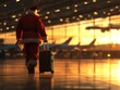 © ArthurGraphix - Santa Claus traveling with suitcase at airport during sunset.