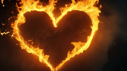 Wall Mural - A fiery heart shape burns brightly against a dark background