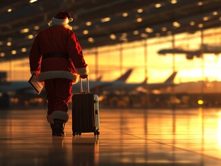 santa claus traveling with suitcase at airport during sunset.