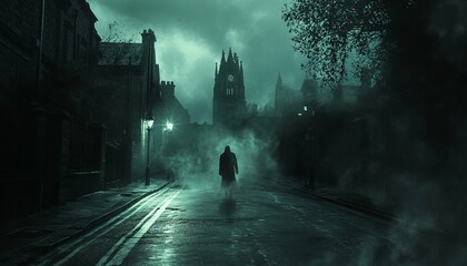 Wall Mural - A solitary figure walks down a misty street towards a looming church tower in the distance.