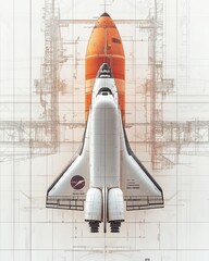 a space shuttle, with an escape pod, is shown against a blueprint background.