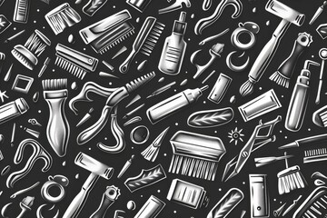 Hand-drawn seamless pattern of various everyday objects on black background.