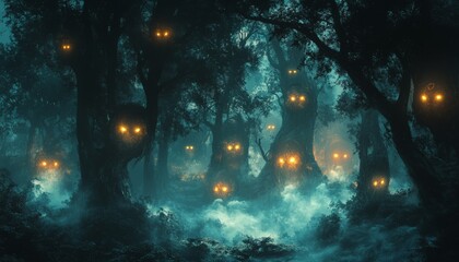 Wall Mural - A spooky forest at night with glowing eyes in the trees.