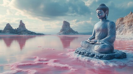 Ancient Buddha statue on pink salt lake background. Buddhism religion and travel concept. Landscape view for wallpaper, banner, poster with copy space