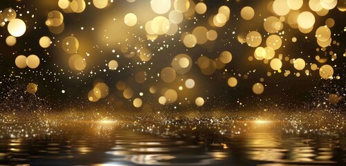 Wall Mural - Golden Bokeh Lights with Reflective Water Surface