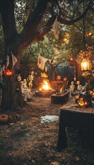 Canvas Print - A spooky Halloween party scene with a bonfire, skeletons, pumpkins, and string lights in a backyard setting.