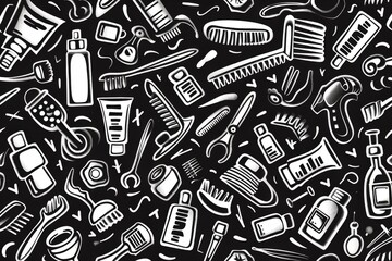 Hand-drawn seamless pattern of various everyday objects on black background.