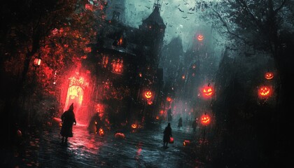 Poster - A spooky Halloween scene with a haunted house, glowing jack-o-lanterns, and figures in the distance.